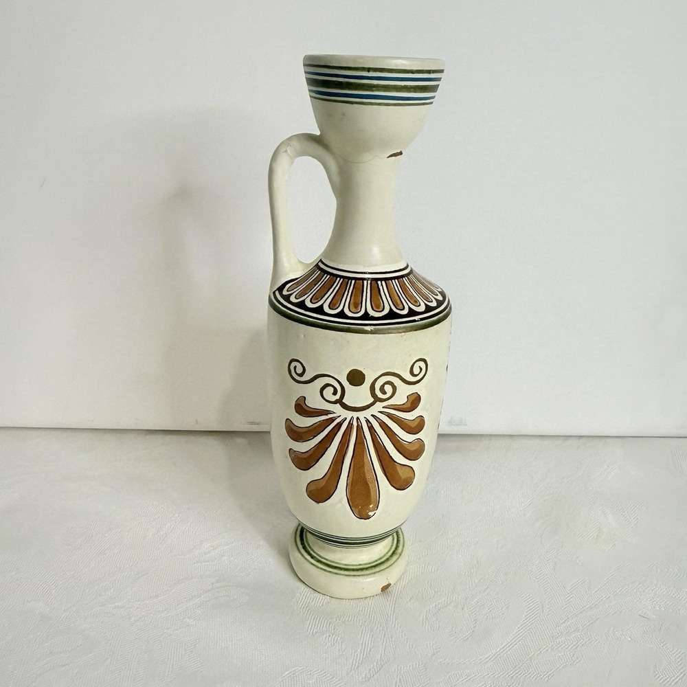 D. Vassilopoulos lekythos Greek Pottery 7" Small Vase Painted Paint Chip Vtg